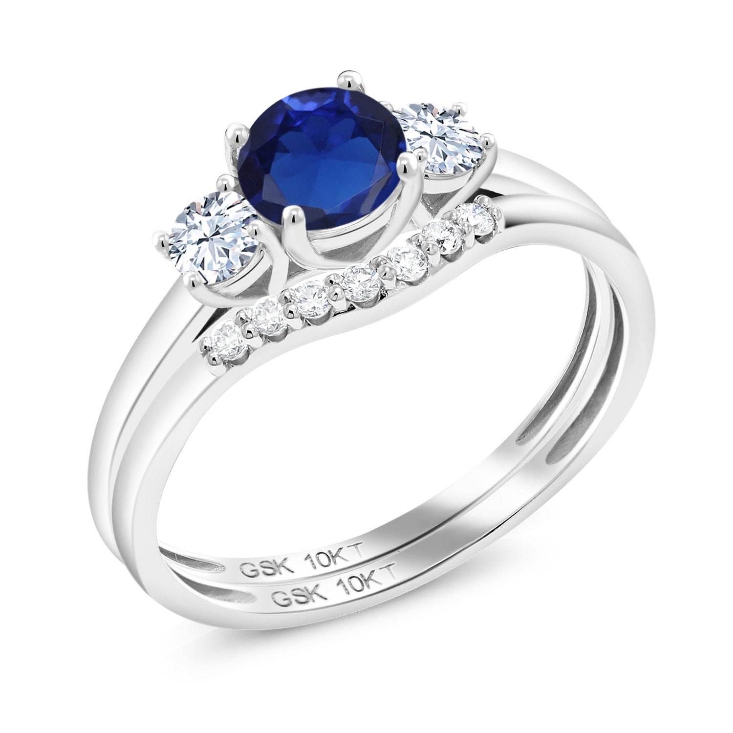 10K White Gold Created Sapphire White Created Sapphire and Lab Grown Diamond 3-Stone Bridal Engagement Wedding Ring Set For Women (0.93 Cttw, 5MM, Available in Size 5,6,7,8,9)