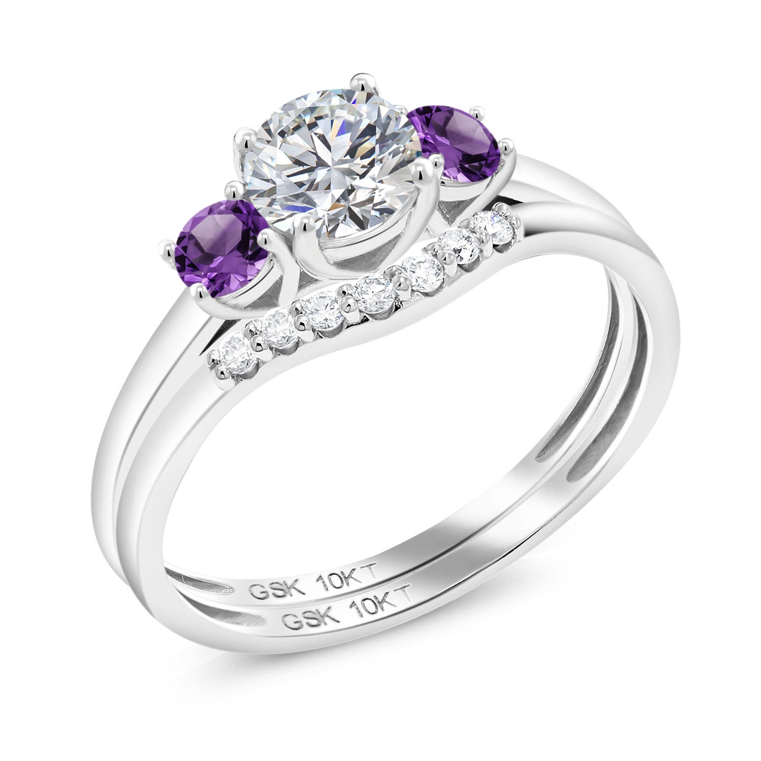 10K White Gold Lab Grown Diamond and Purple Amethyst Bridal-Sets Ring For Women | 0.76 Cttw | Round 5MM | Gemstone April Birthstone | Available in Size 5,6,7,8,9