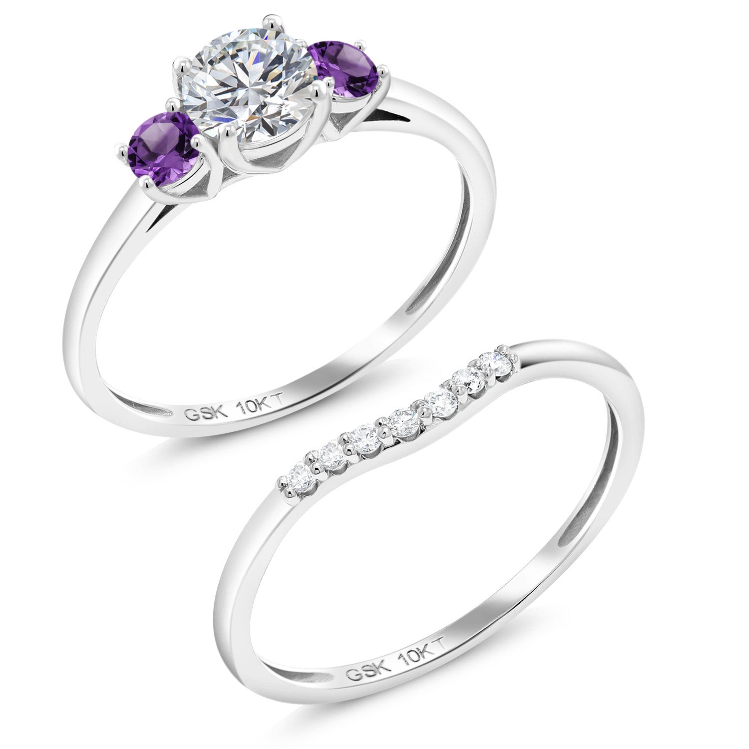 10K White Gold Lab Grown Diamond and Purple Amethyst Bridal-Sets Ring For Women | 0.76 Cttw | Round 5MM | Gemstone April Birthstone | Available in Size 5,6,7,8,9