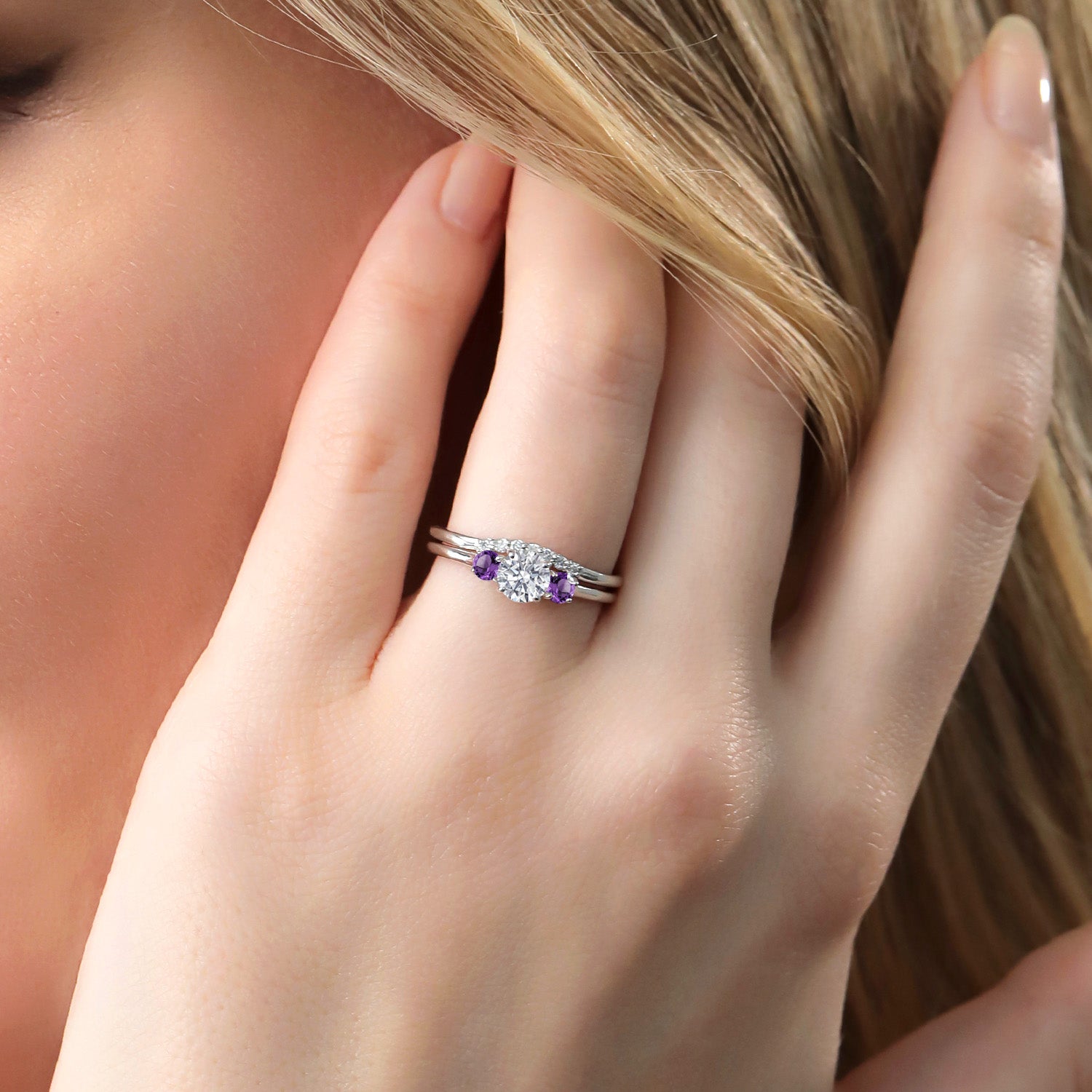 10K White Gold Lab Grown Diamond and Purple Amethyst Bridal-Sets Ring For Women | 0.76 Cttw | Round 5MM | Gemstone April Birthstone | Available in Size 5,6,7,8,9