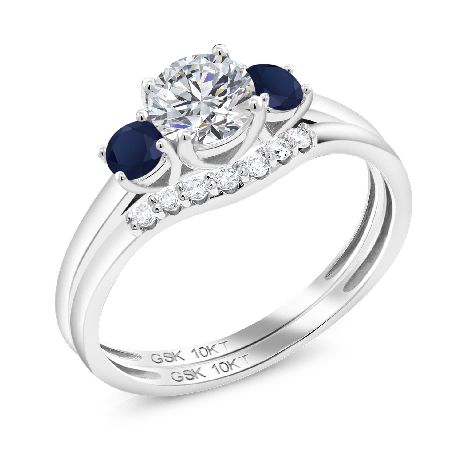 10K White Gold Lab Grown Diamond and Blue Sapphire Bridal-Sets Ring For Women | 0.86 Cttw | Round 5MM | Gemstone April Birthstone | Available in Size 5,6,7,8,9