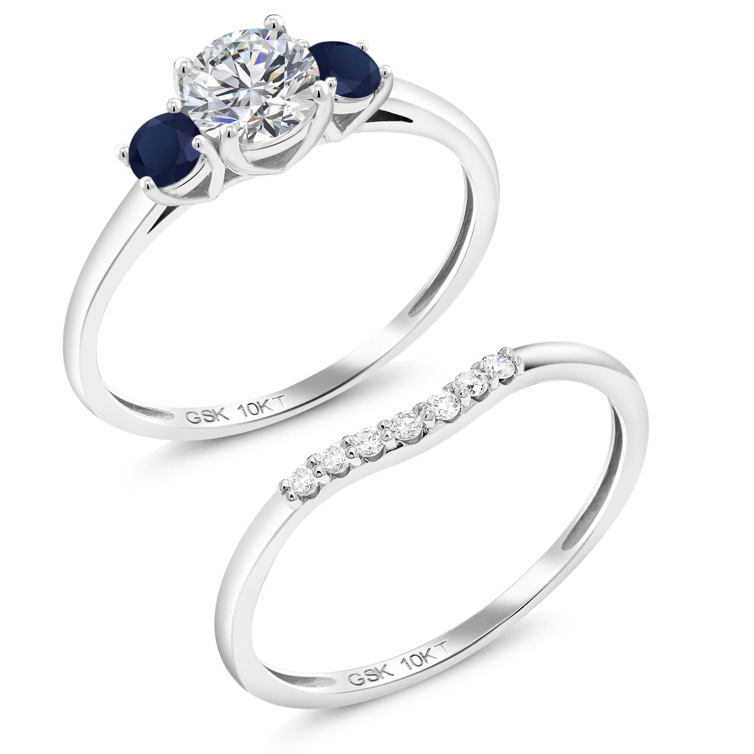 10K White Gold Lab Grown Diamond and Blue Sapphire Bridal-Sets Ring For Women | 0.86 Cttw | Round 5MM | Gemstone April Birthstone | Available in Size 5,6,7,8,9