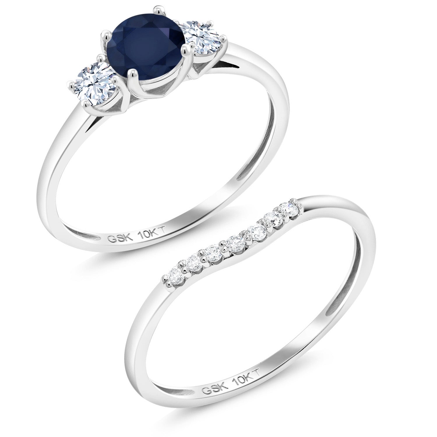 10K White Gold Sapphire & White Created Sapphire and Lab Grown Diamond 3-Stone Bridal Engagement Wedding Ring Set For Women | 0.93 Cttw | September Birthstone | Round 5MM