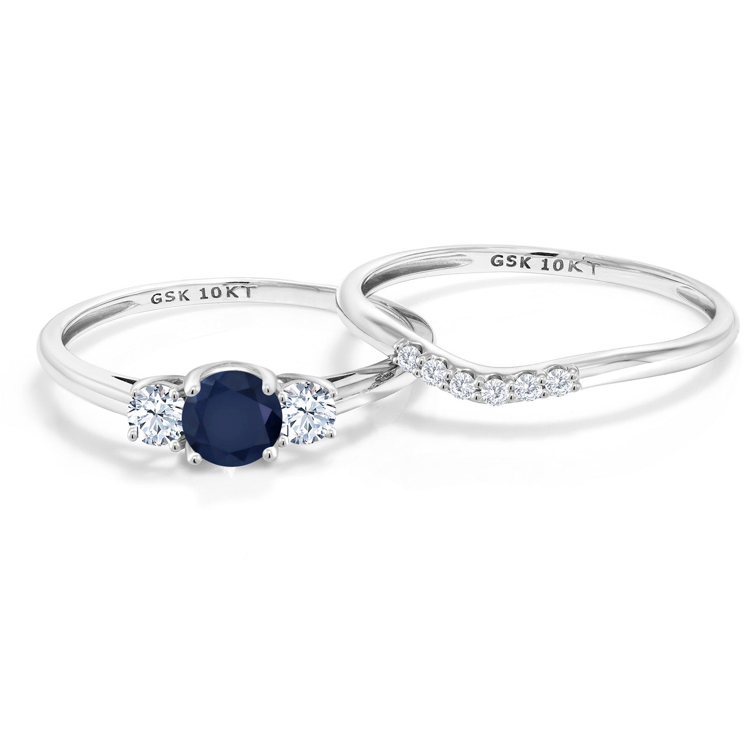 10K White Gold Sapphire & White Created Sapphire and Lab Grown Diamond 3-Stone Bridal Engagement Wedding Ring Set For Women | 0.93 Cttw | September Birthstone | Round 5MM