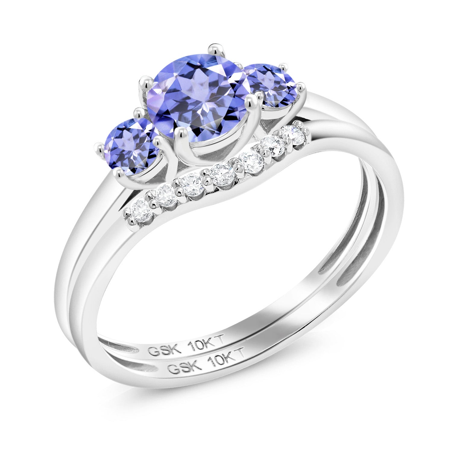 10K White Gold Blue Tanzanite and White Lab Grown Diamond 3-Stone Bridal Engagement Wedding Ring Set For Women (0.77 Cttw, Gemstone December Birthstone, Round 5MM, Available in Size 5,6,7,8,9)