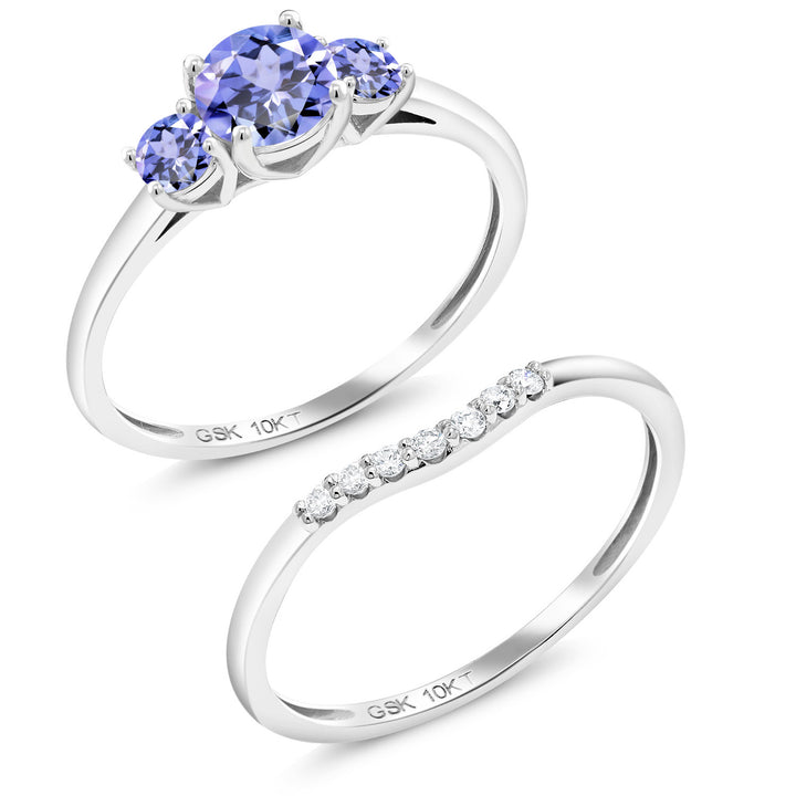 10K White Gold Blue Tanzanite and White Lab Grown Diamond 3-Stone Bridal Engagement Wedding Ring Set For Women (0.77 Cttw, Gemstone December Birthstone, Round 5MM, Available in Size 5,6,7,8,9)