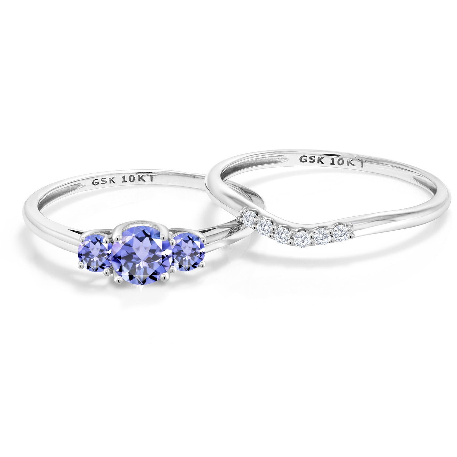 10K White Gold Blue Tanzanite and White Lab Grown Diamond 3-Stone Bridal Engagement Wedding Ring Set For Women (0.77 Cttw, Gemstone December Birthstone, Round 5MM, Available in Size 5,6,7,8,9)