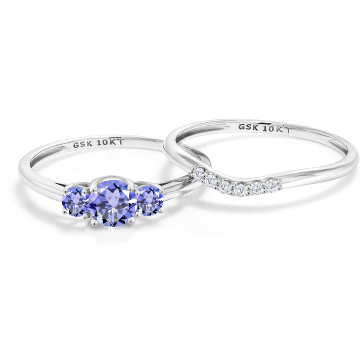 10K White Gold Blue Tanzanite and White Lab Grown Diamond 3-Stone Bridal Engagement Wedding Ring Set For Women (0.77 Cttw, Gemstone December Birthstone, Round 5MM, Available in Size 5,6,7,8,9)