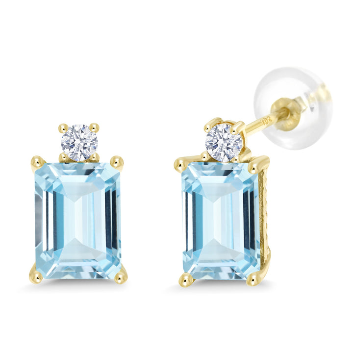 10K Yellow Gold Sky Blue Aquamarine Earrings | 2.90 Cttw | Gemstone Birthstone | Emerald Cut 8X6MM | Gold Earrings for Women