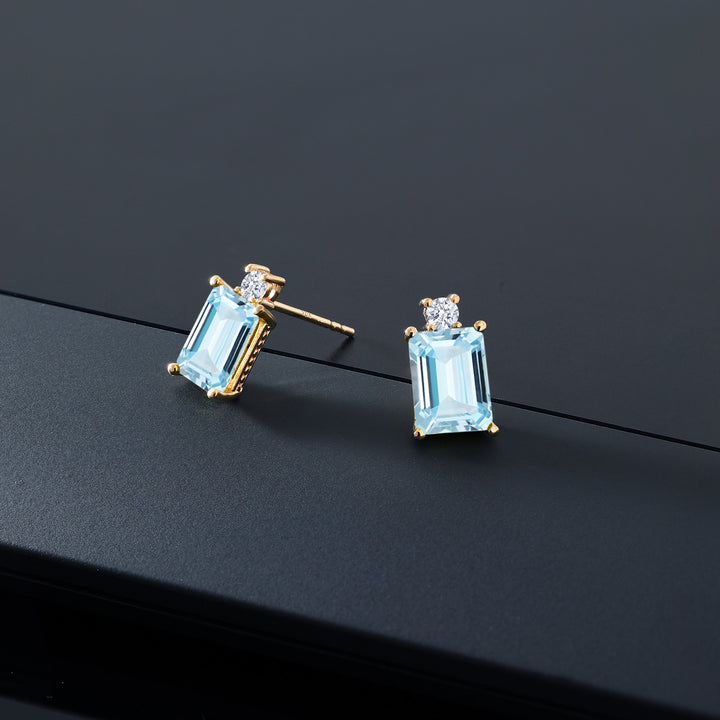 10K Yellow Gold Sky Blue Aquamarine Earrings | 2.90 Cttw | Gemstone Birthstone | Emerald Cut 8X6MM | Gold Earrings for Women