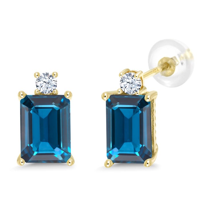 4.00 Cttw 10K Yellow Gold London Blue Topaz and White Created Sapphire Earrings For Women | Gemstone Birthstone | Emerald Cut 8X6MM