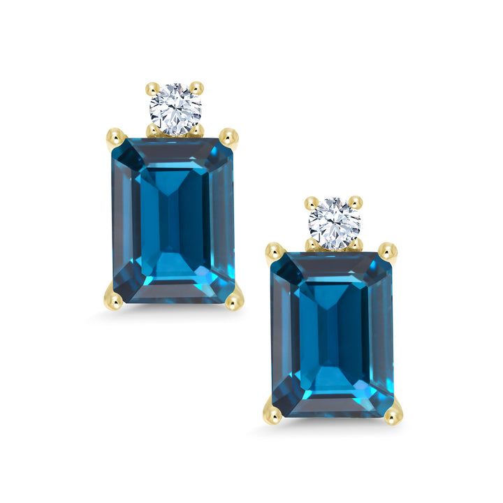 4.00 Cttw 10K Yellow Gold London Blue Topaz and White Created Sapphire Earrings For Women | Gemstone Birthstone | Emerald Cut 8X6MM