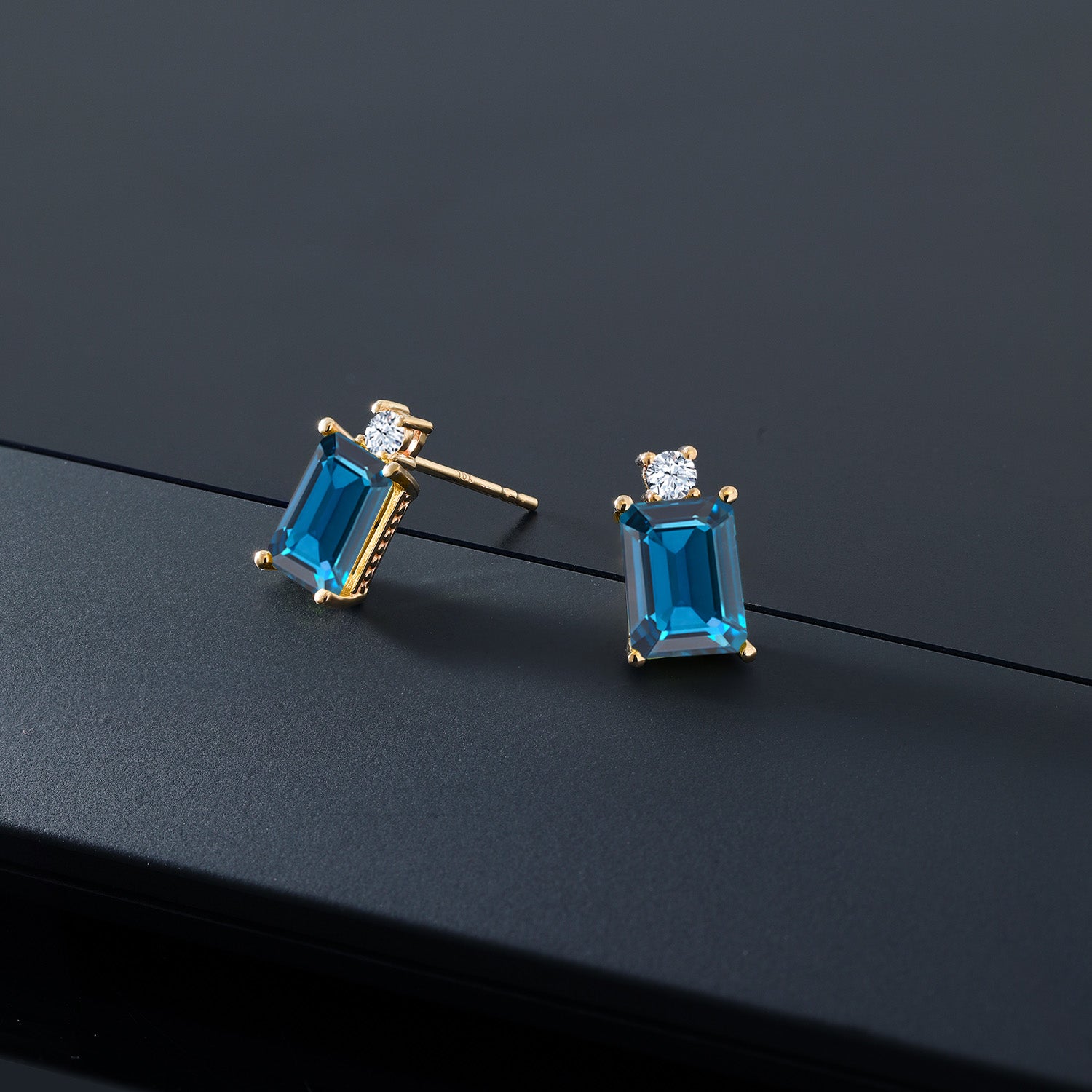 4.00 Cttw 10K Yellow Gold London Blue Topaz and White Created Sapphire Earrings For Women | Gemstone Birthstone | Emerald Cut 8X6MM