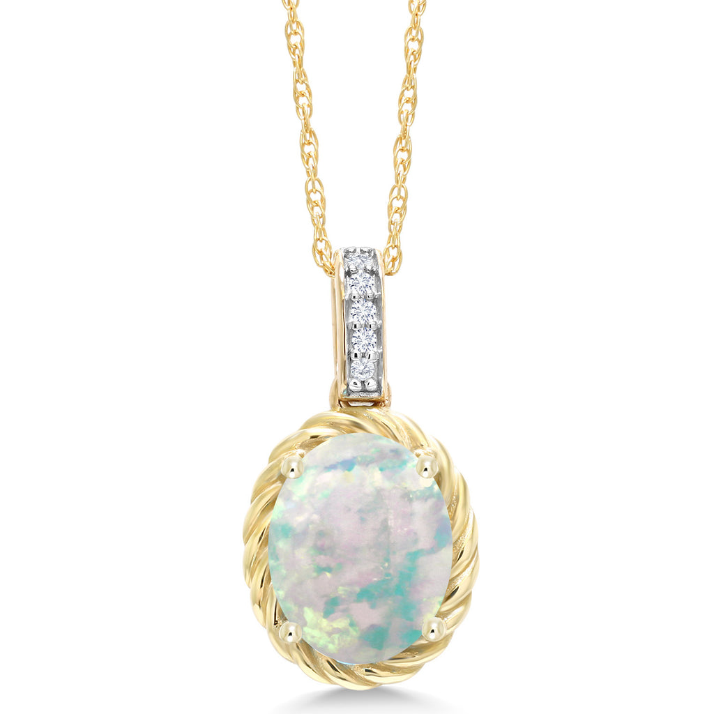 White Simulated Opal-Cabochon - October_Pendant in 10K Yellow Gold