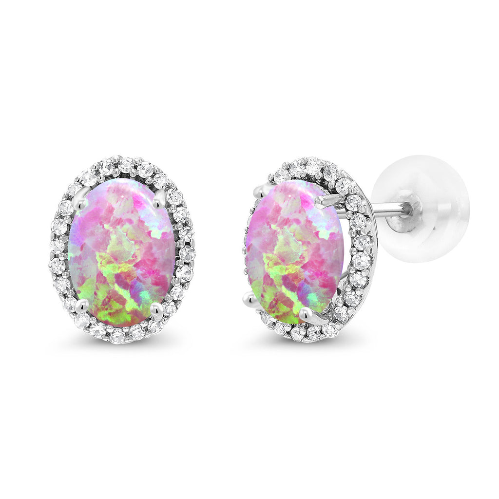 Pink Simulated Opal-Cabochon - October_Earrings in 10K White Gold