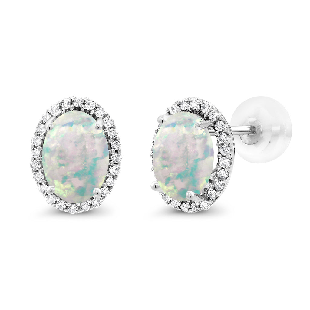 White Simulated Opal-Cabochon - October_Earrings in 10K White Gold