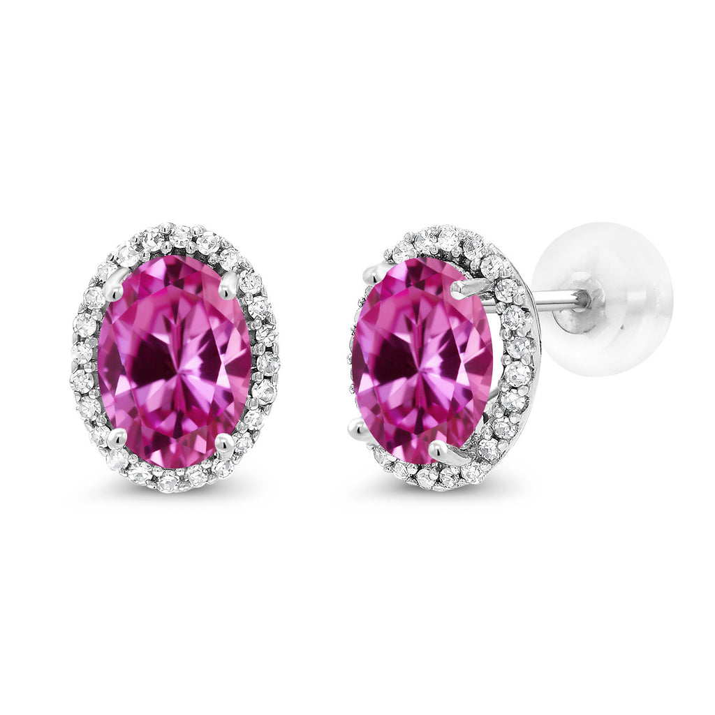 Pink Created Sapphire - September_Earrings in 10K White Gold