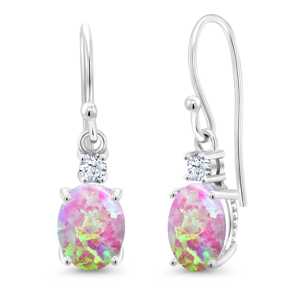 Pink Simulated Opal-Cabochon - October_Earrings in 10K White Gold