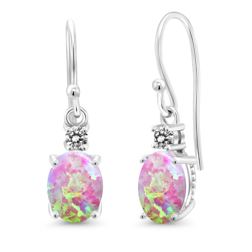 Pink Simulated Opal-Cabochon - October_Earrings in 10K White Gold