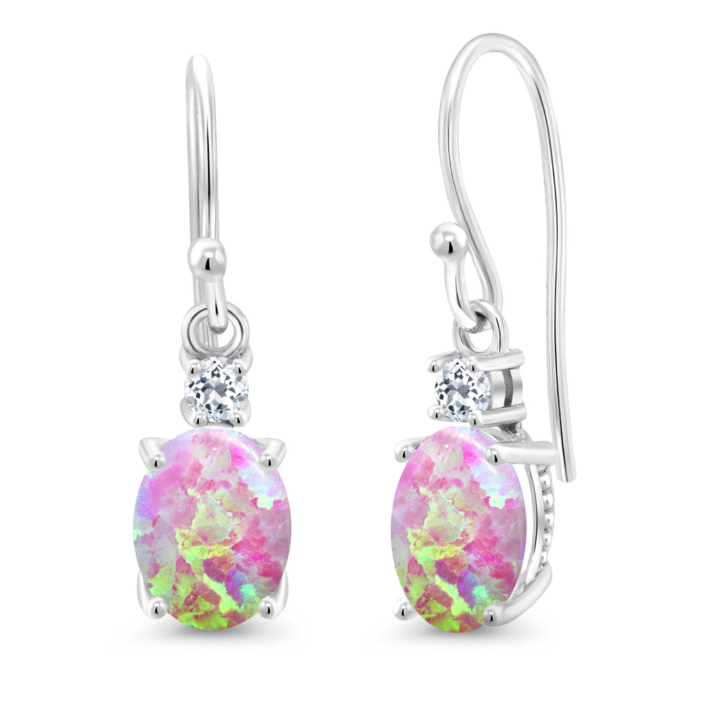 Pink Simulated Opal-Cabochon - October_Earrings in 10K White Gold