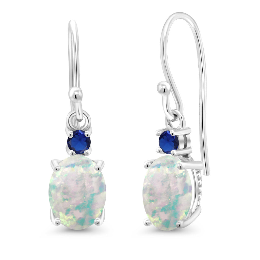White Simulated Opal-Cabochon - October_Earrings in 10K White Gold