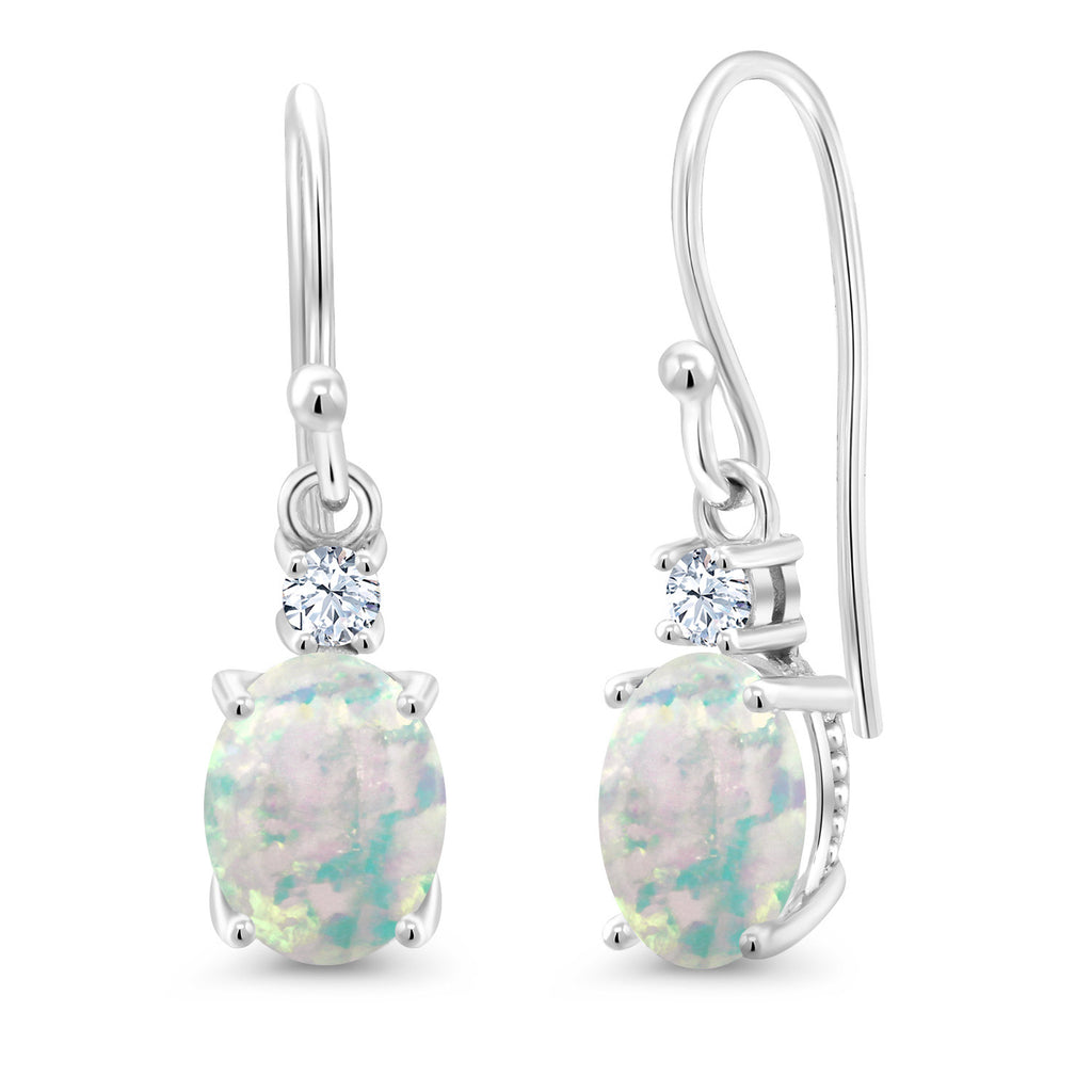 White Simulated Opal-Cabochon - October_Earrings in 10K White Gold