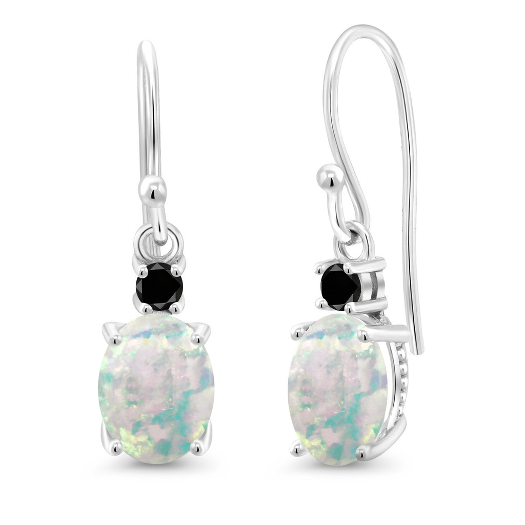 White Simulated Opal-Cabochon - October_Earrings in 10K White Gold