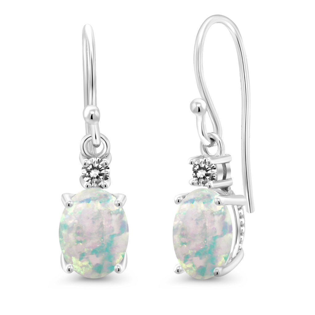 White Simulated Opal-Cabochon - October_Earrings in 10K White Gold
