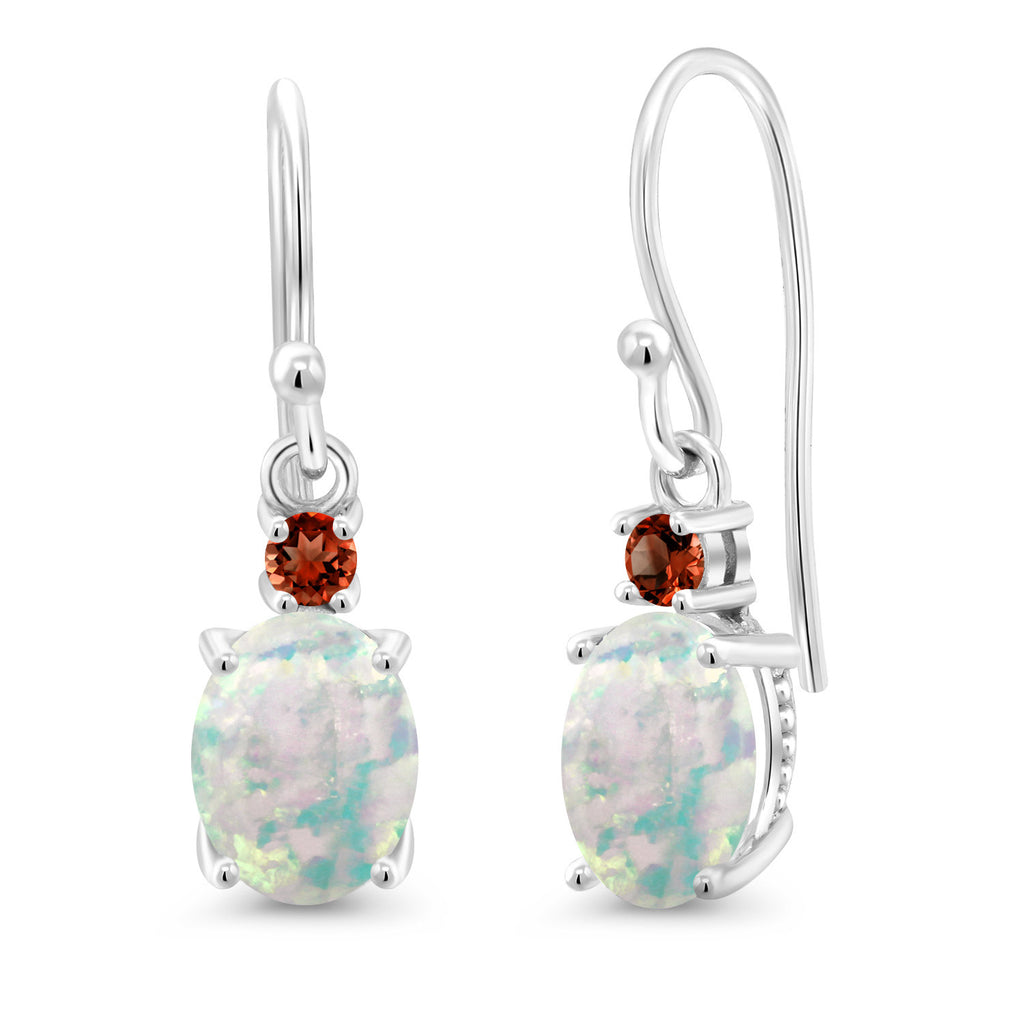 White Simulated Opal-Cabochon - October_Earrings in 10K White Gold