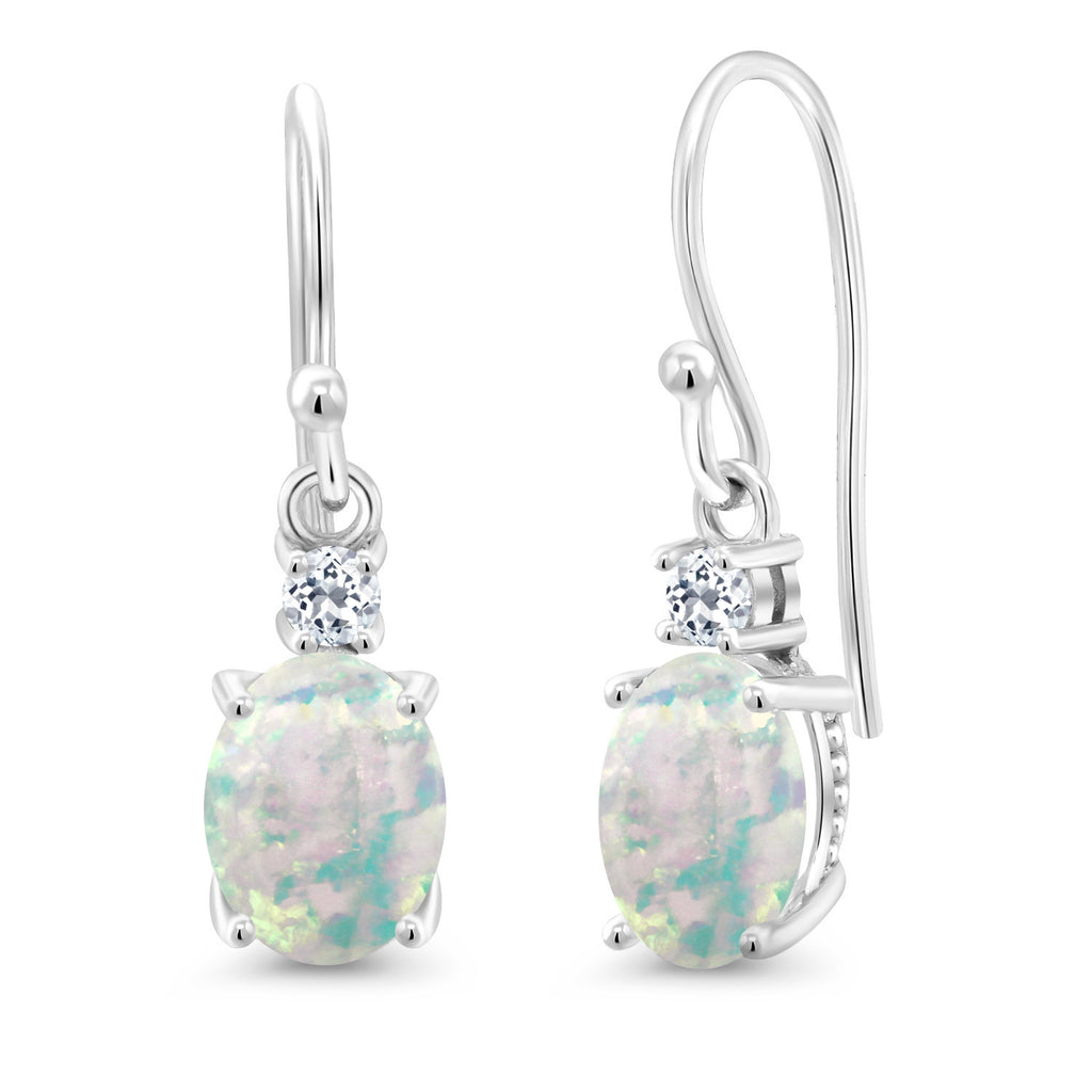 White Simulated Opal-Cabochon - October_Earrings in 10K White Gold