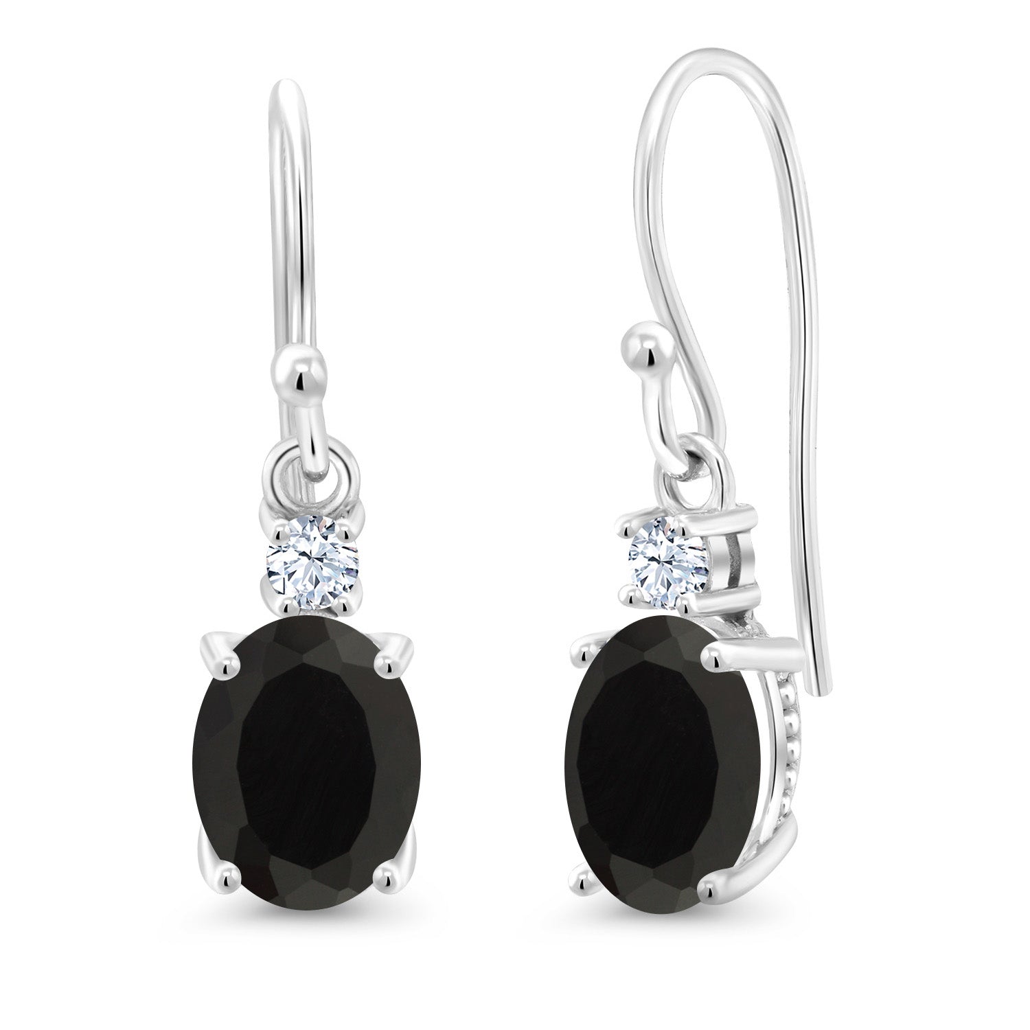 2.60 Cttw 10K White Gold Black Onyx and White Created Sapphire Dangle Earrings For Women | Gemstone Birthstone | Oval 8X6MM