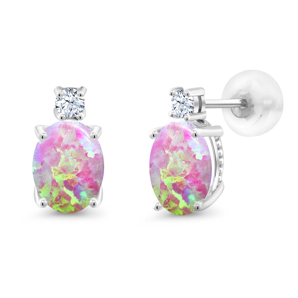 Pink Simulated Opal-Cabochon - October_Earrings in 14K White Gold