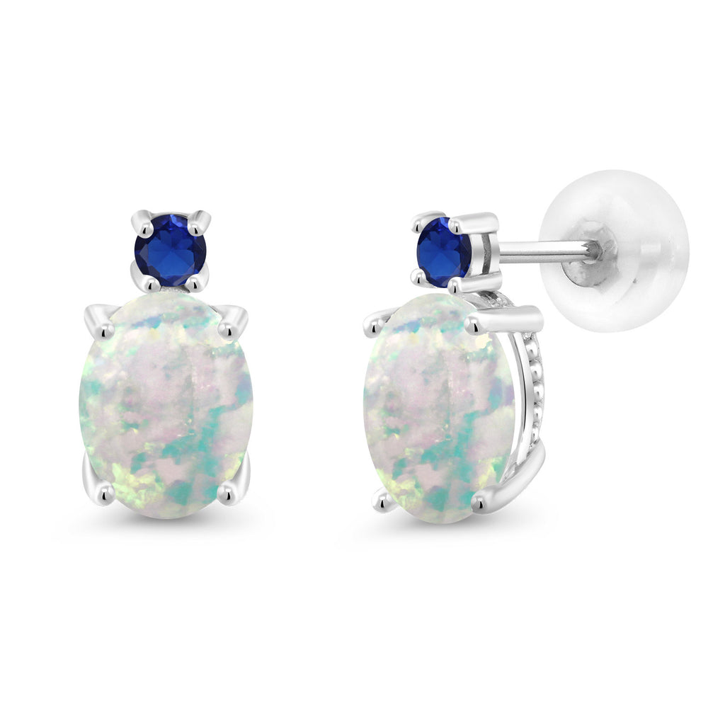 White Simulated Opal-Cabochon - October_Earrings in 14K White Gold