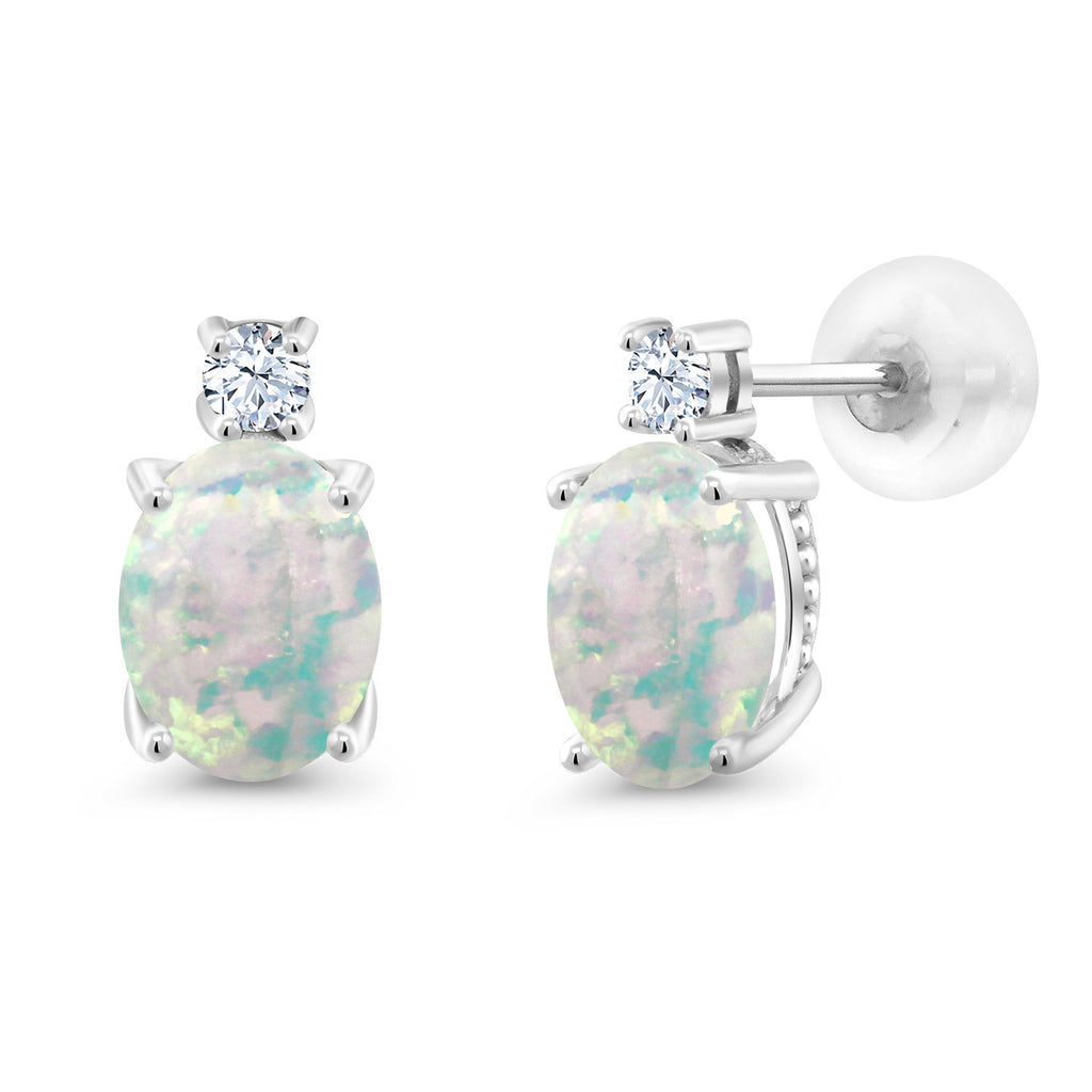 White Simulated Opal-Cabochon - October_Earrings in 14K White Gold