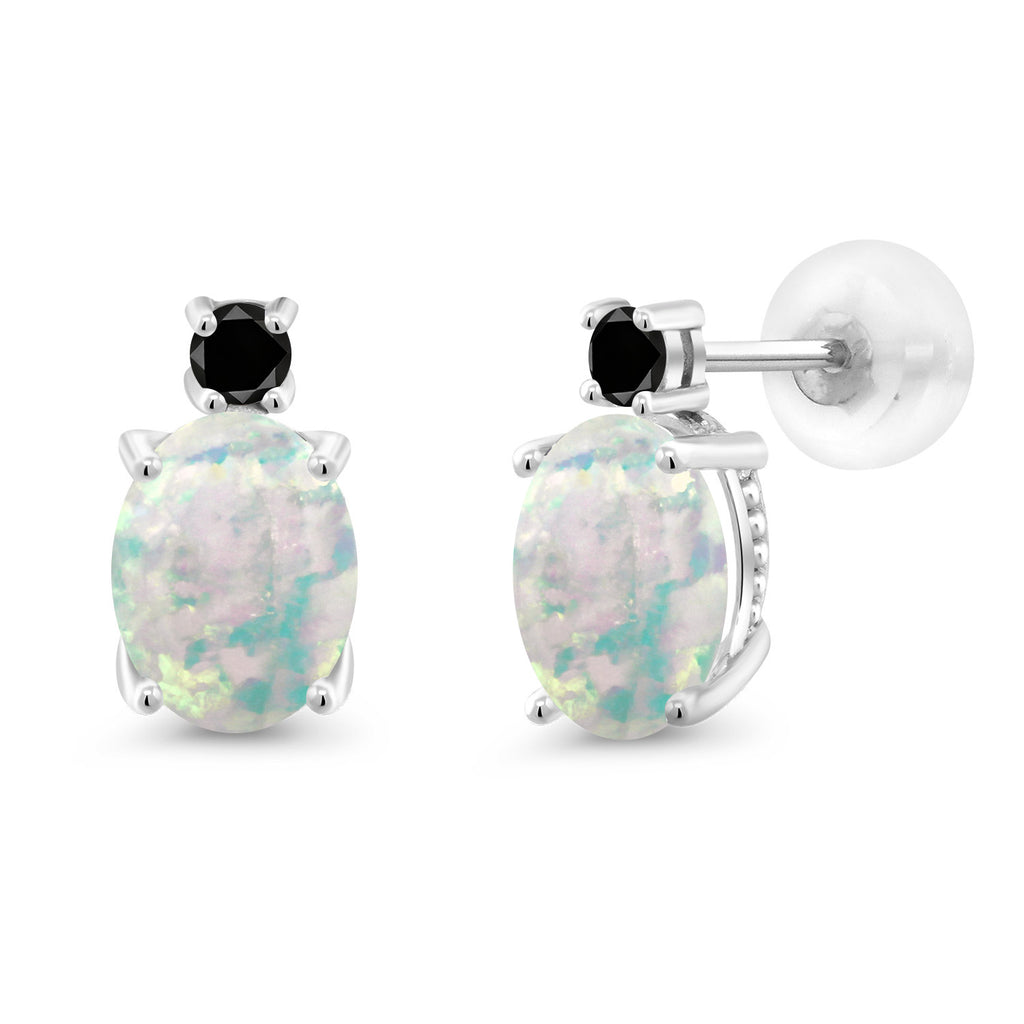 White Simulated Opal-Cabochon - October_Earrings in 14K White Gold