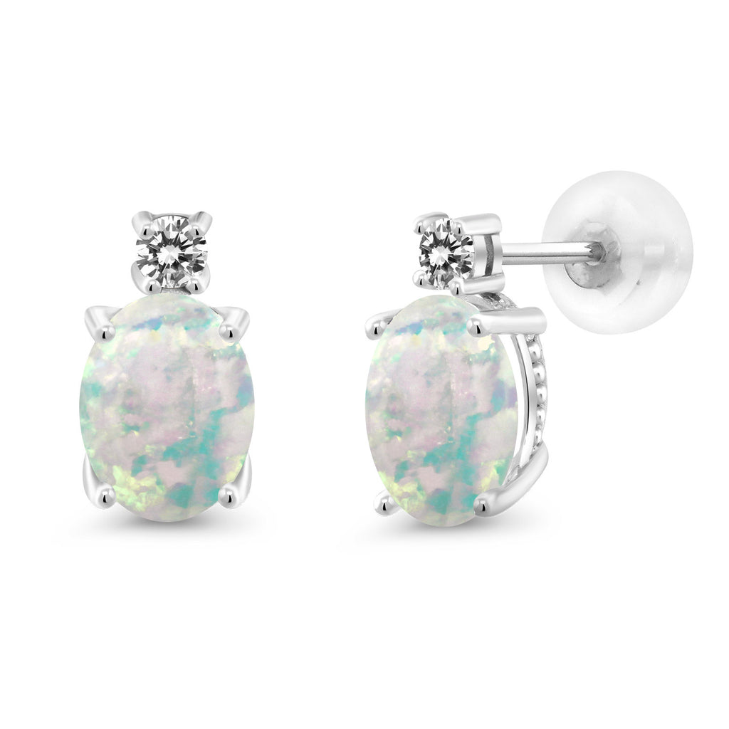 White Simulated Opal-Cabochon - October_Earrings in 14K White Gold