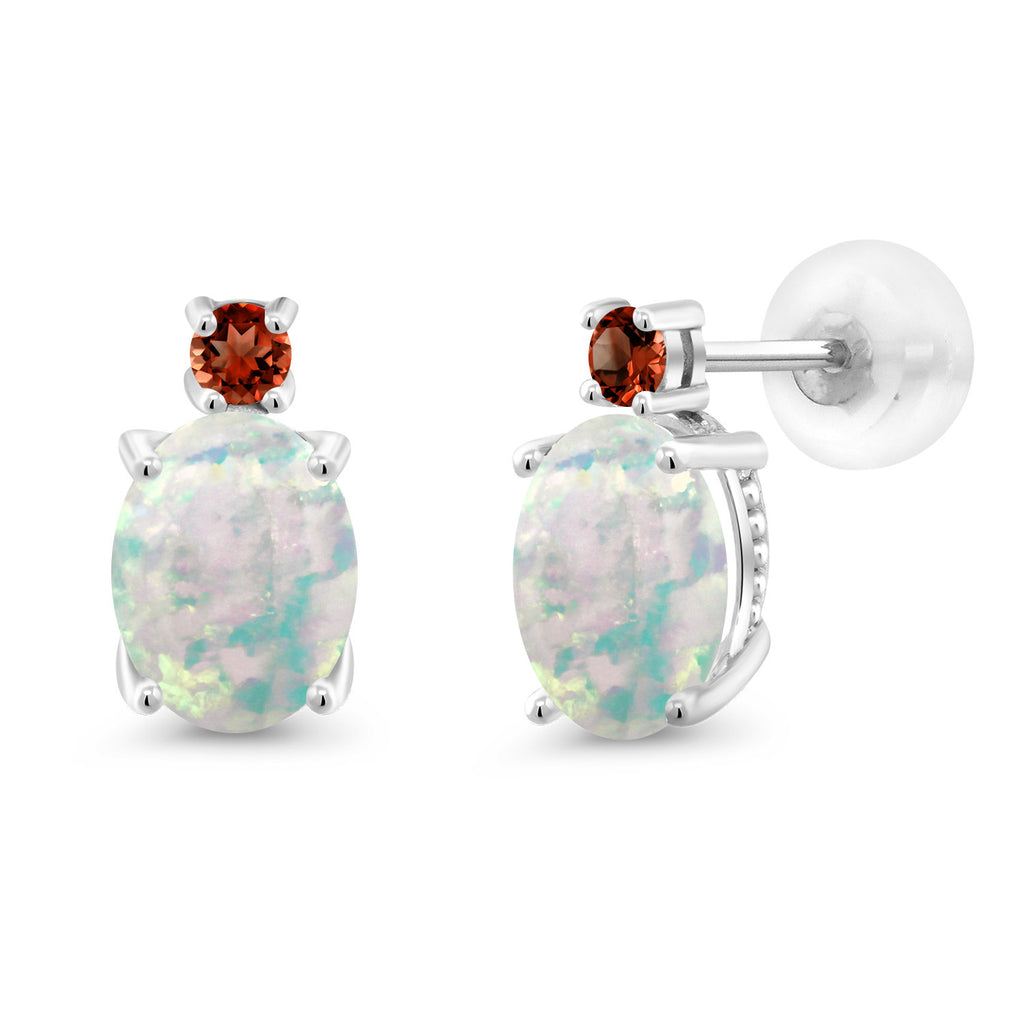 White Simulated Opal-Cabochon - October_Earrings in 14K White Gold
