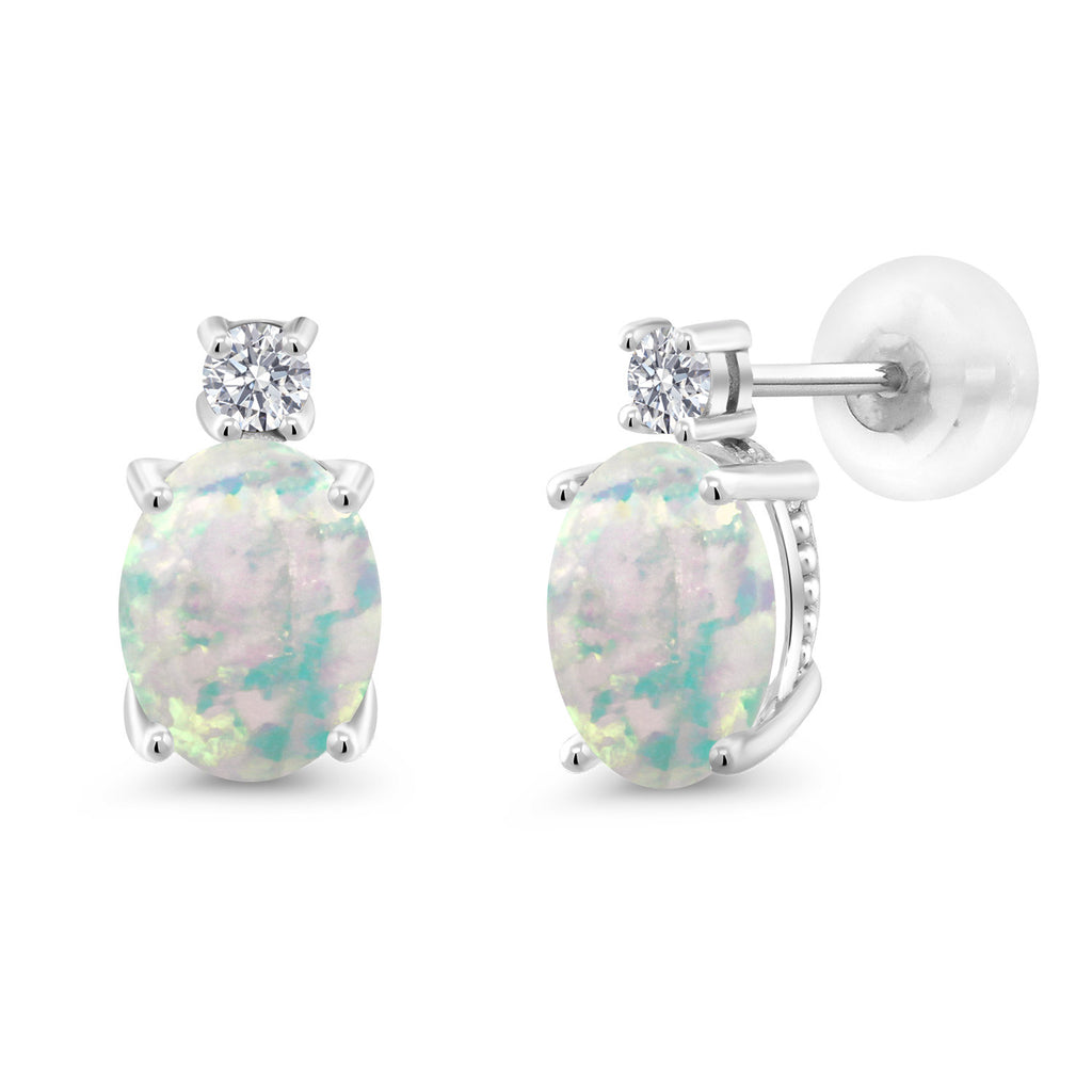 White Simulated Opal-Cabochon - October_Earrings in 14K White Gold