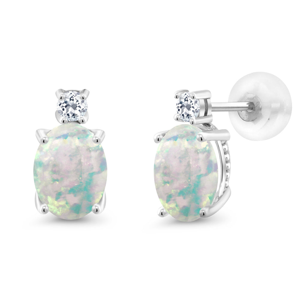 White Simulated Opal-Cabochon - October_Earrings in 14K White Gold
