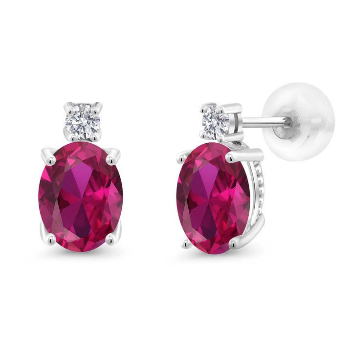 14K White Gold Red Created Ruby and E - F Lab Grown Diamond Earrings for Women | 2.83 Cttw | Gemstone July Birthstone | Oval 8X6MM