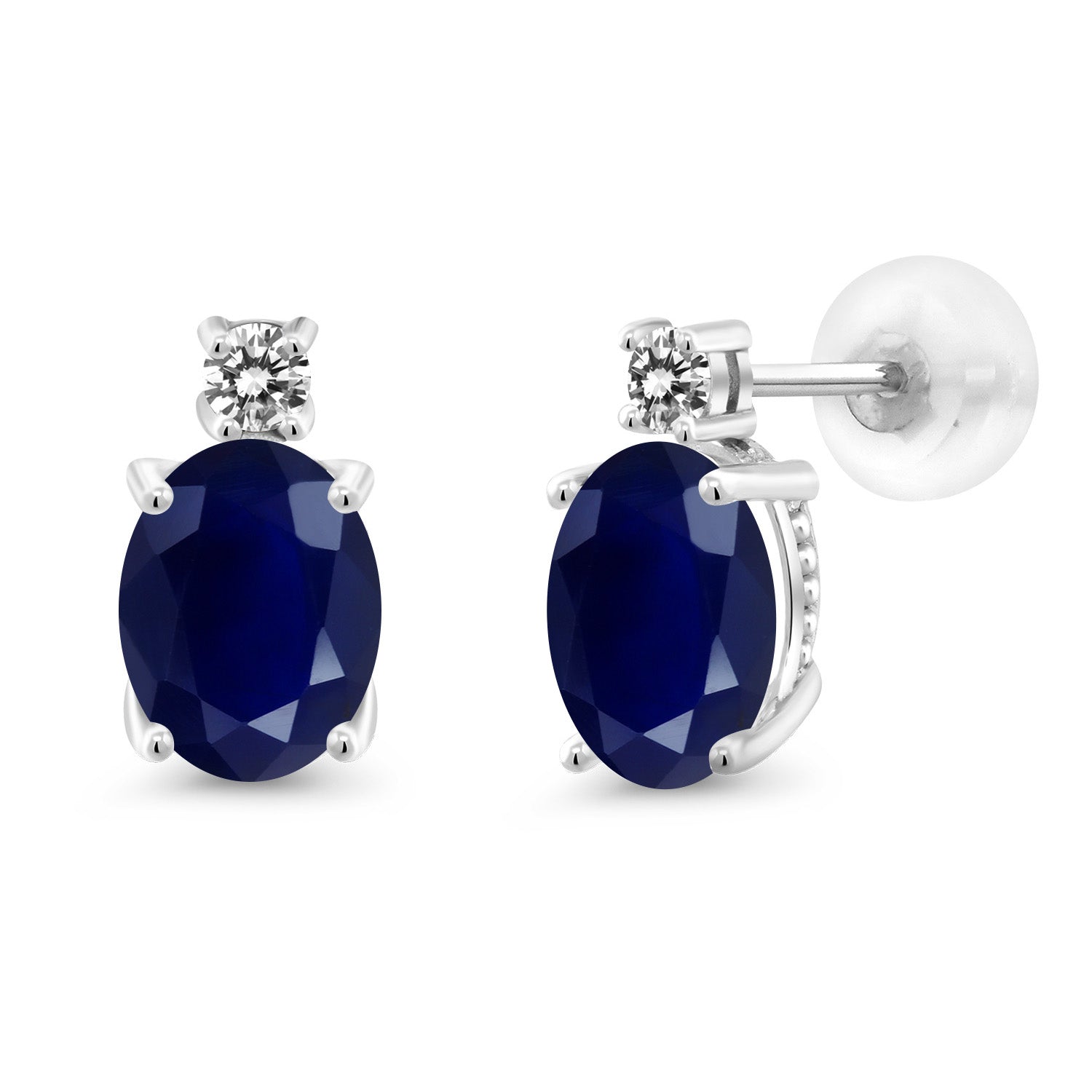 14k White Gold Blue Sapphire and White Diamond Earrings For Women (3.71Cttw, GemstoneSeptember Birthstone, Oval 8X6MM, Round 2.5MM)