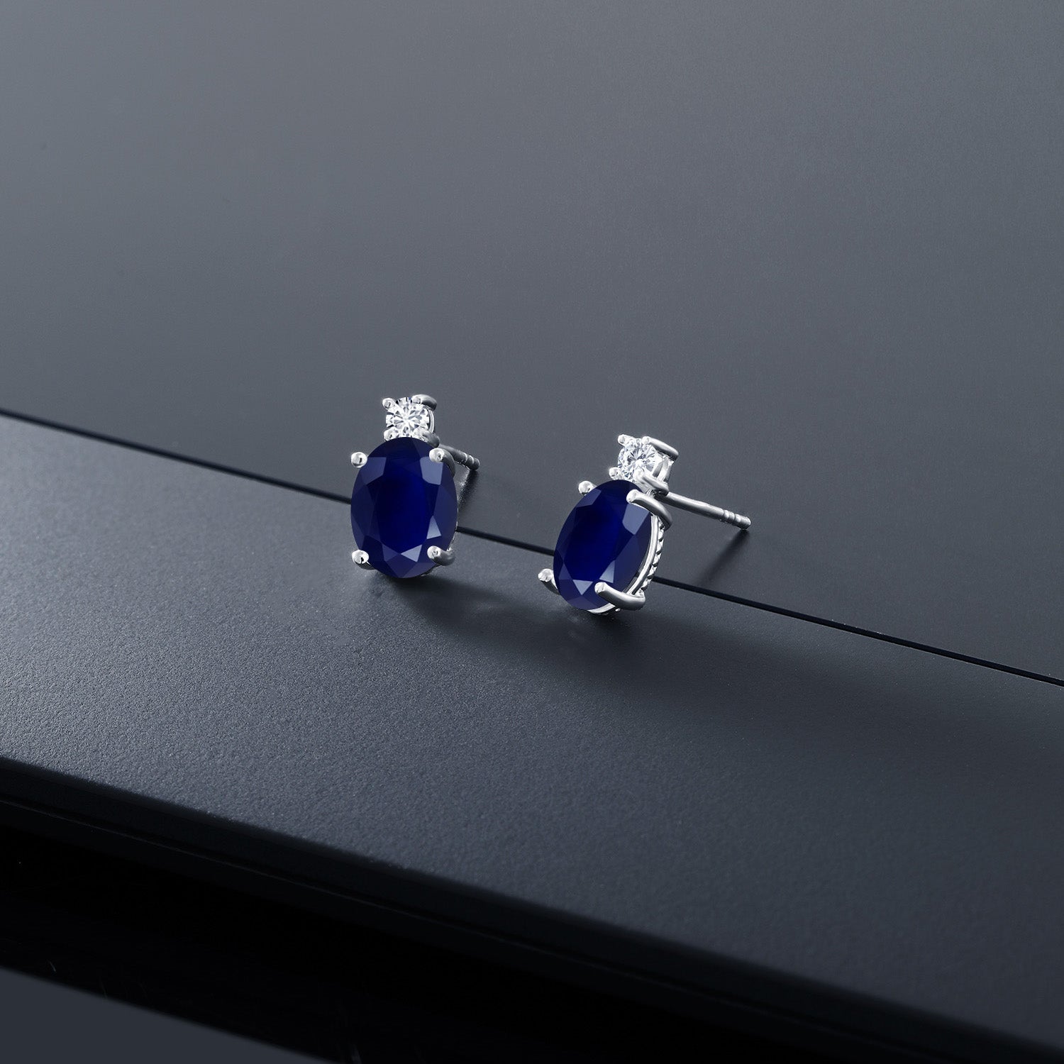 14K White Gold Blue Sapphire and E - F Lab Grown Diamond Earrings for Women | 3.73 Cttw | Gemstone September Birthstone | Oval 8X6MM