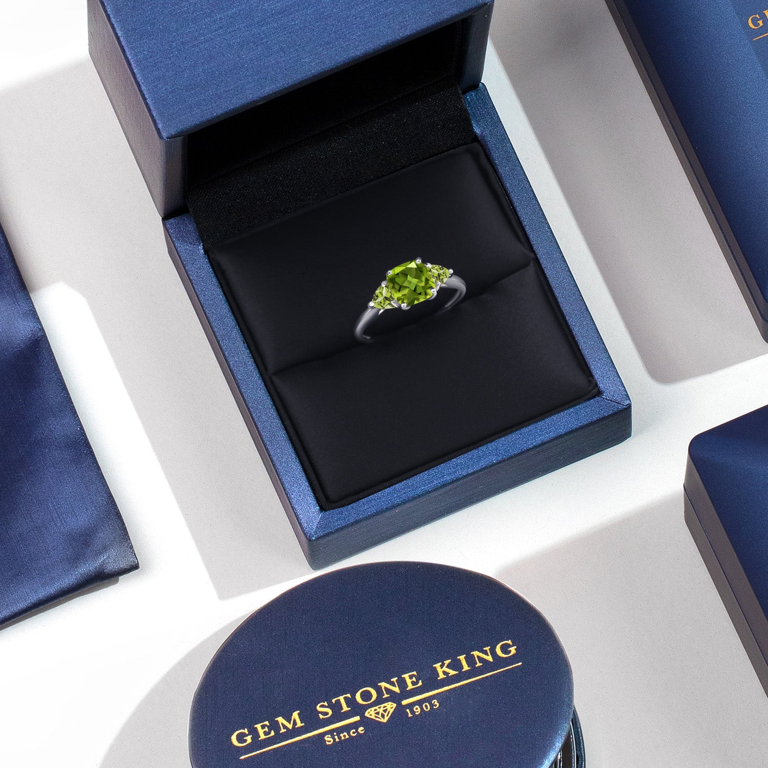 10K White Gold Green Peridot 3-Stone Engagement Ring For Women (2.22 Cttw, 7MM Cushion and 4MM Trillion, Available In Size 5, 6, 7, 8, 9)