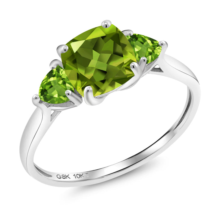 10K White Gold Green Peridot 3-Stone Engagement Ring For Women (2.22 Cttw, 7MM Cushion and 4MM Trillion, Available In Size 5, 6, 7, 8, 9)