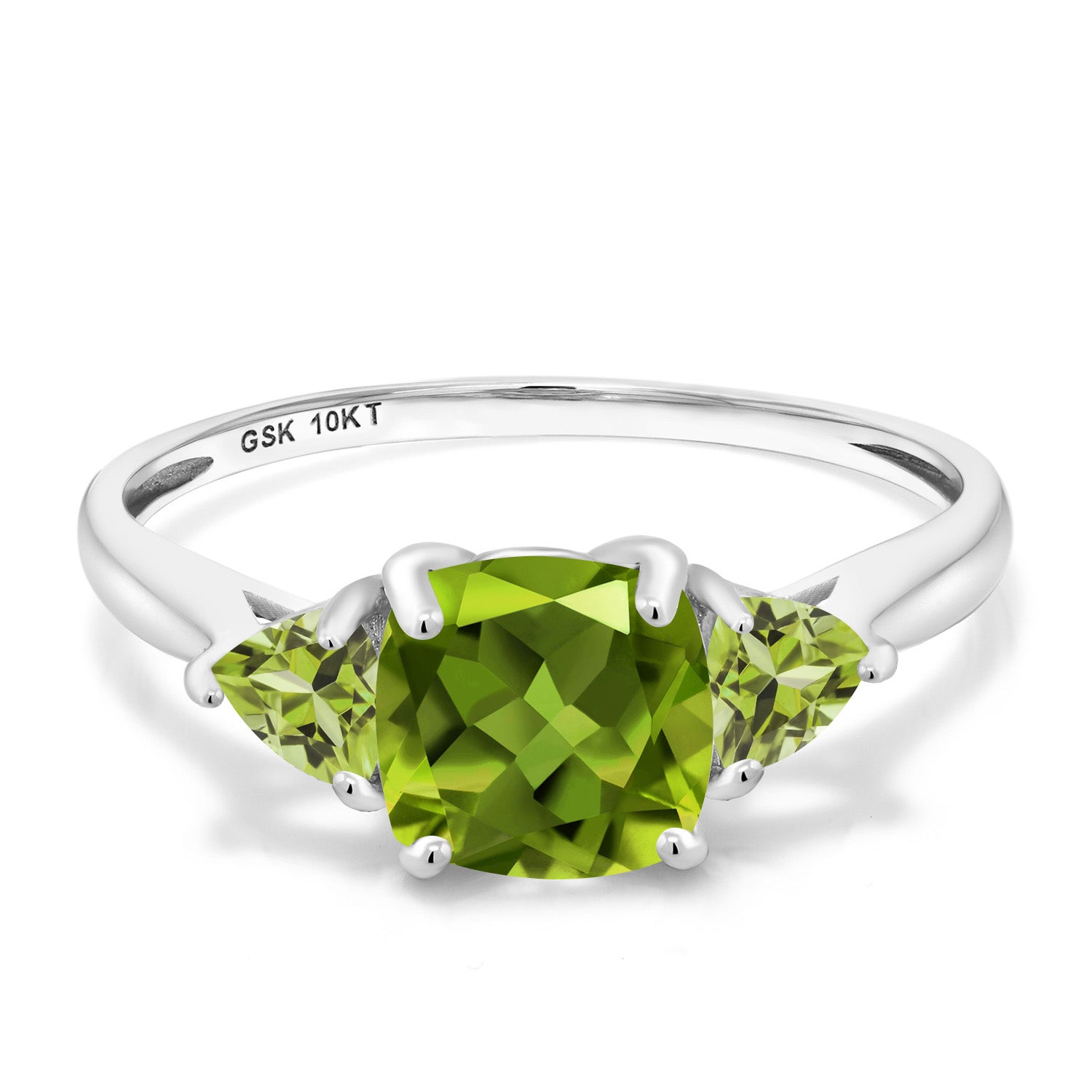 10K White Gold Green Peridot 3-Stone Engagement Ring For Women (2.22 Cttw, 7MM Cushion and 4MM Trillion, Available In Size 5, 6, 7, 8, 9)