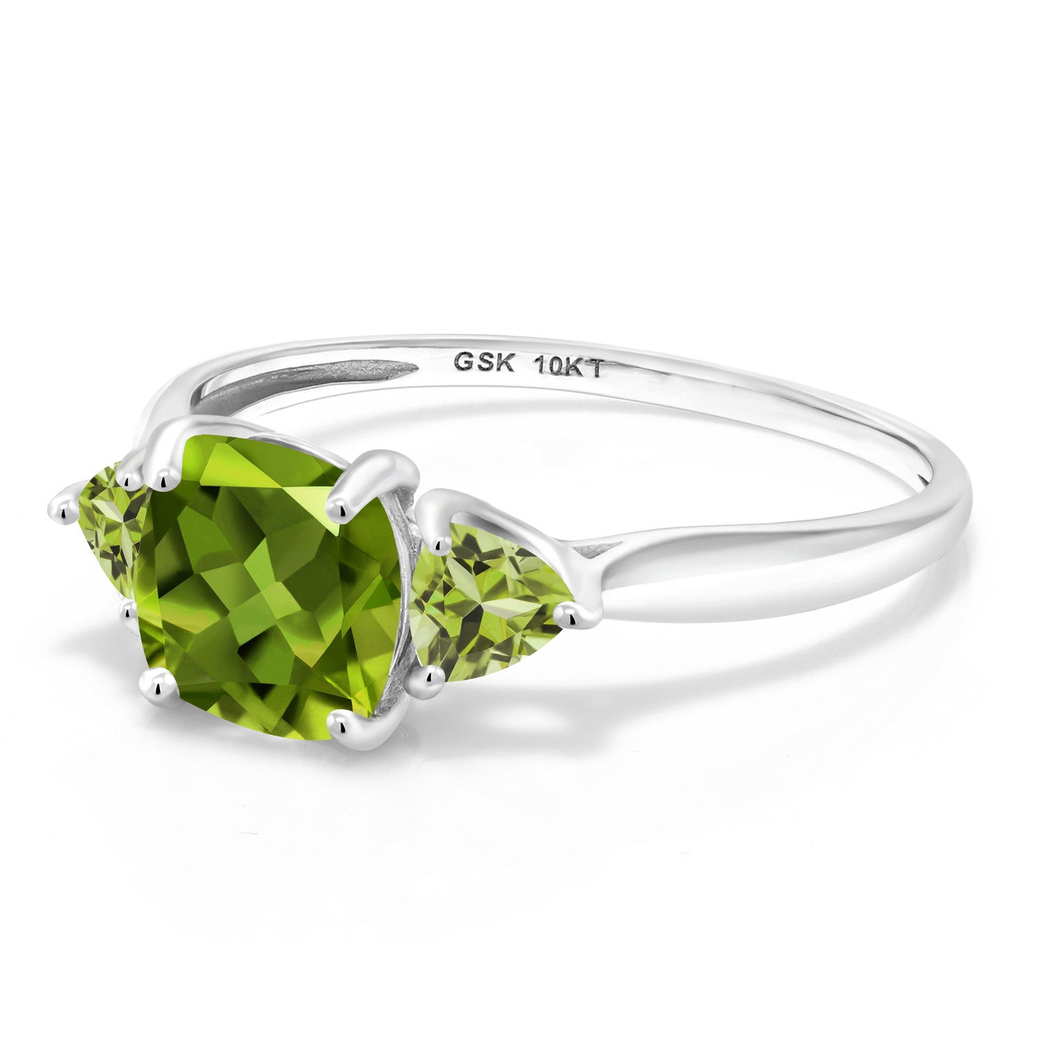 10K White Gold Green Peridot 3-Stone Engagement Ring For Women (2.22 Cttw, 7MM Cushion and 4MM Trillion, Available In Size 5, 6, 7, 8, 9)