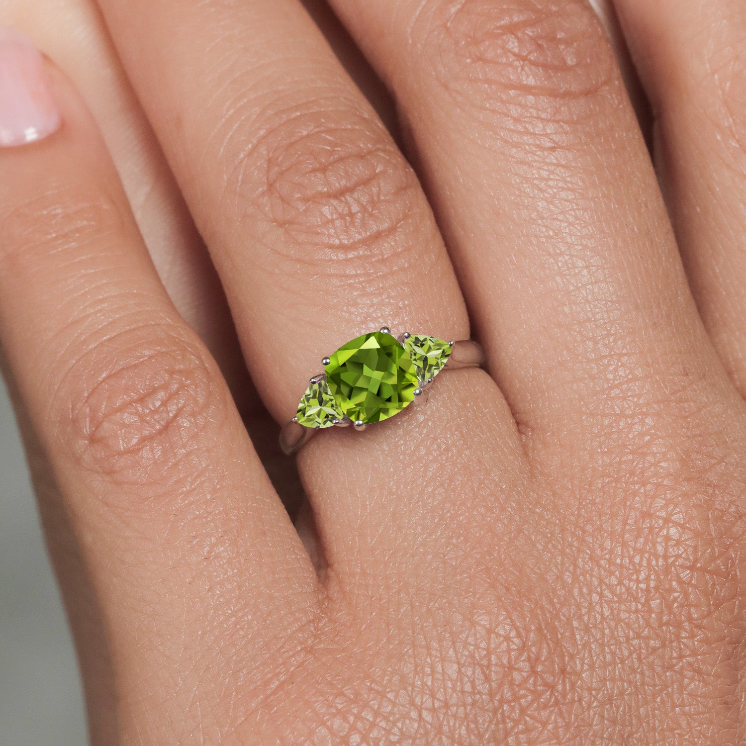 10K White Gold Green Peridot 3-Stone Engagement Ring For Women (2.22 Cttw, 7MM Cushion and 4MM Trillion, Available In Size 5, 6, 7, 8, 9)