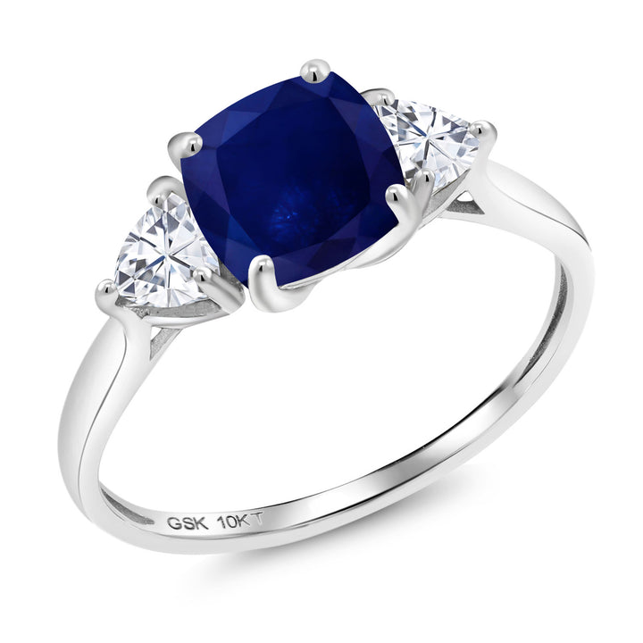 10K White Gold Blue Sapphire and White Moissanite Engagement Ring | 2.46 Cttw | 7MM Cushion and 4MM Trillion | Three Stone Wedding Engagement Anniversary Promise Ring For Women