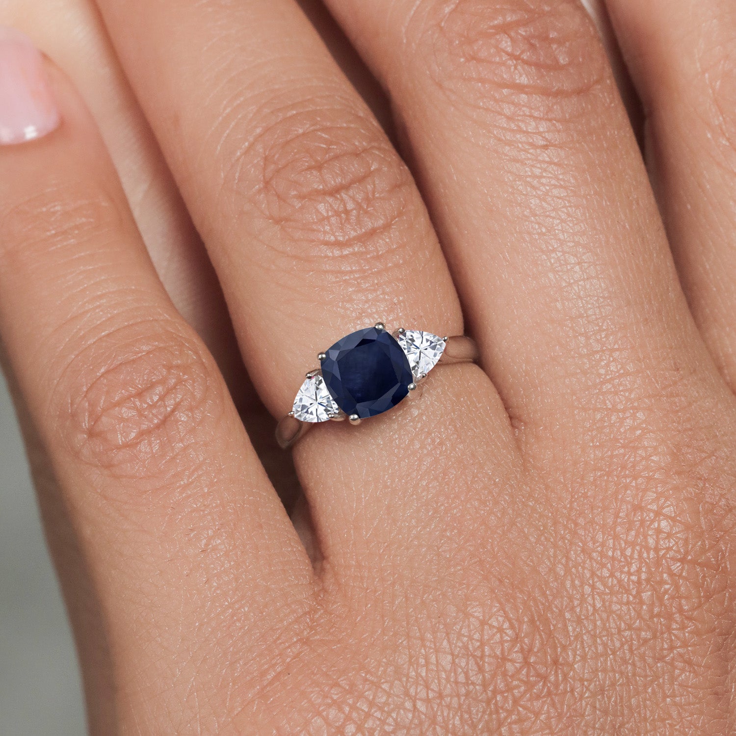 10K White Gold Blue Sapphire and White Moissanite Engagement Ring | 2.46 Cttw | 7MM Cushion and 4MM Trillion | Three Stone Wedding Engagement Anniversary Promise Ring For Women