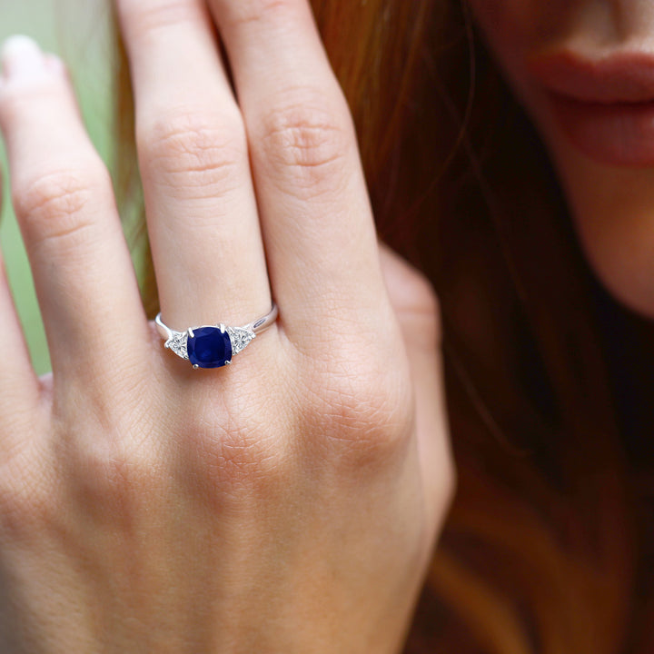 10K White Gold Blue Sapphire and Lab Grown Diamond Engagement Ring For Women | 2.44 Cttw | Cushion 7MM | Gemstone September Birthstone | Available in Size 5,6,7,8,9